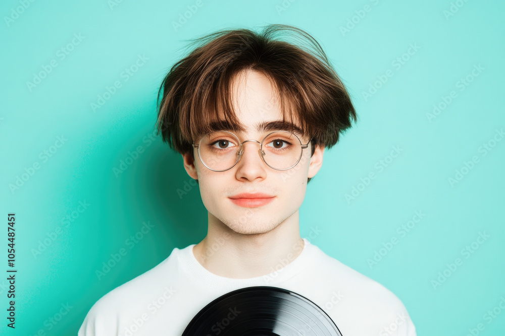 Wall mural young man with round glasses holding a vinyl record against a teal background