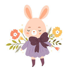 Vintage bunny with a big bow and in a dress.Cartoon banner, sweet Retro Happy Easter spring animal.