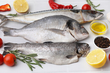 Sea food. Different types of raw fish and products on white tiled table