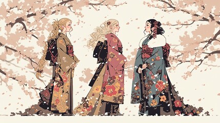 Three women in traditional Japanese attire under cherry blossoms