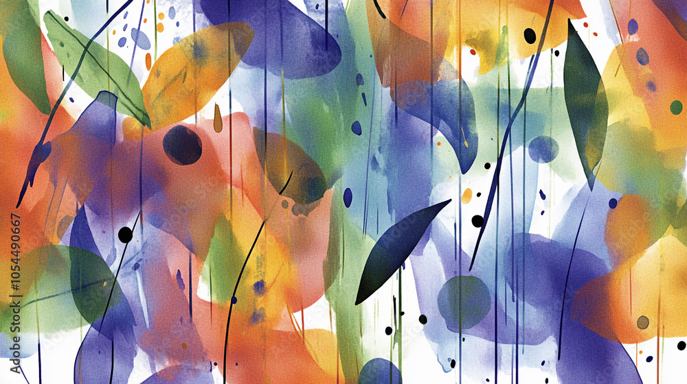 Poster an abstract artwork displays an array of vibrant colors and shapes, including circular and leaf-like