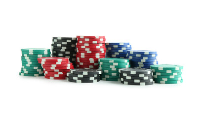 Poker game. Casino chips isolated on white