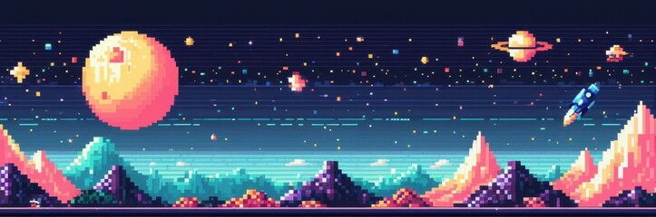 Stylish pixel space banner with bold colors and clean lines, great for social media headers or digital branding.