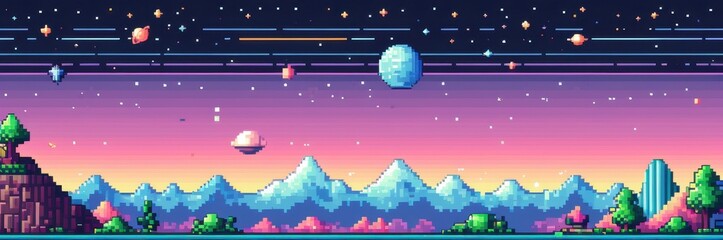 Fototapeta premium Eye-catching pixel space banner with a blend of abstract shapes and vibrant colors, perfect for creative digital designs.