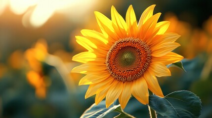Obraz premium A single sunflower in a field of sunflowers with the setting sun in the background.