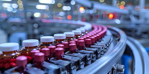 Fototapeta premium Amber pharmaceutical bottles on conveyor line,