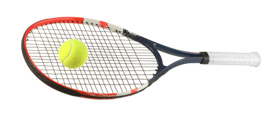 Tennis racket with ball isolated on white