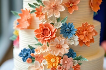 whimsical wedding cake, a fun and lively wedding cake adorned with vibrant sugar flowers for a whimsical and playful design, perfect for celebration