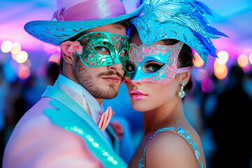 Obraz premium carnival party, a couple immersed in the magic of a masquerade event, with detailed masks and vibrant colors