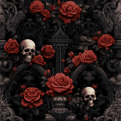 Gothic Floral Skull with Roses and Vines