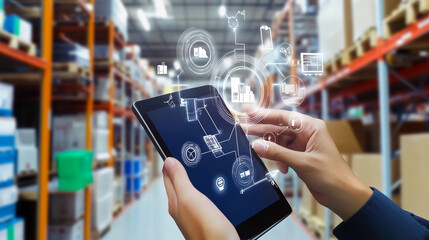 A warehouse employee utilizes a tablet to organize and track inventory while surrounded by shelves filled with various products and materials