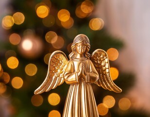 A golden angel figurine standing in front of a Christmas tree, religious Christmas decorations 