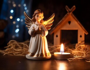 Fototapeta premium Angel figurine illuminated by soft candlelight near a nativity scene, religious Christmas decorations 