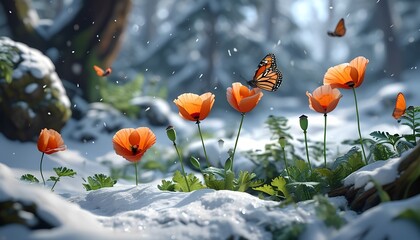 Small butterflies fly over poppy flowers covered with snow, beauty of nature, tenderness of flowers