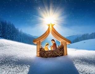 Star shining over a nativity scene in a snowy landscape closeup, religious Christmas decorations 