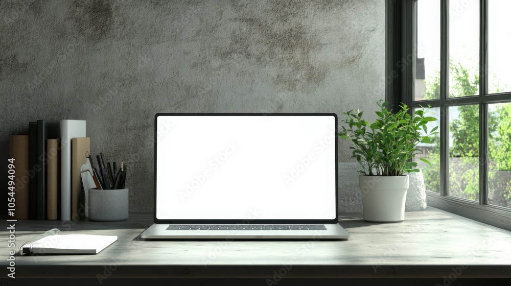 Poster a clean and minimalistic workspace features a laptop with a blank screen, an open notebook, and a po