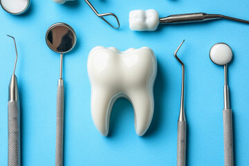 Various dental instruments surround a white model tooth placed on a vibrant blue surface, illustrating the tools used in oral care and examinations