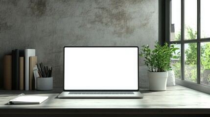 A clean and minimalistic workspace features a laptop with a blank screen, an open notebook, and a potted plant.