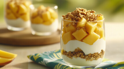 
Mango cubes arranged in a glass jar with layers of yogurt and granola, set on a tropical-patterned napkin for a colorful parfait.
