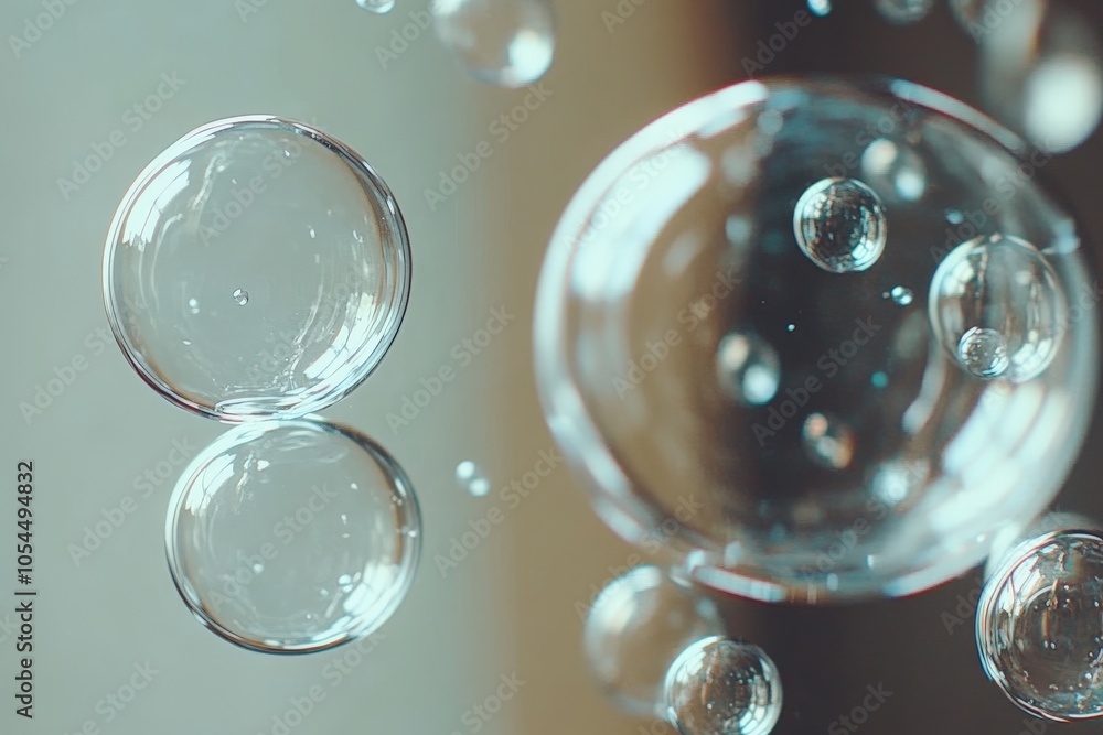 Poster transparent soap bubbles of various sizes floating against a soft blurred background capturing the b