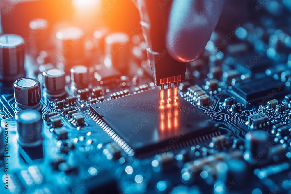 Aufkleber a technician carefully installs a microchip onto a circuit board, utilizing precise tools in a brigh