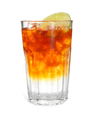 Refreshing espresso tonic drink with slice of lime isolated on white