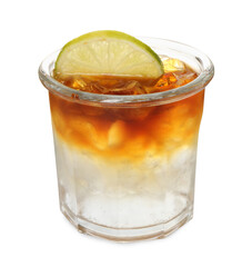 Refreshing espresso tonic drink with slice of lime isolated on white
