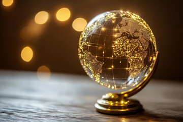 The globe highlights the world&rsquo;s continents with delicate illumination, set against a softly glowing background, creating a warm and inviting atmosphere