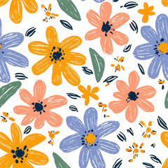 Vertical Hand drawn Flowers seamless pattern with brush style texture on white background. floral pattern.