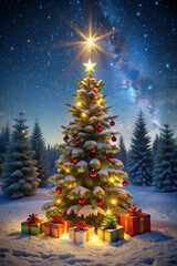 Obraz premium Christmas Tree And Gift Boxes On Snow In Night With Shiny Star and Forest 