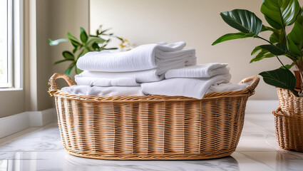 Wicker basket with a stack of white clothes on a white background. Clean, folded, stacked clothes in a wicker basket isolated.	Laundry concept design