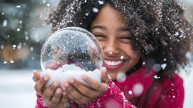 A joyful African American girl playing with a snow globe.