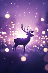 A lavender hue Christmas landscape features a cartoon reindeer with bright lights in the background.