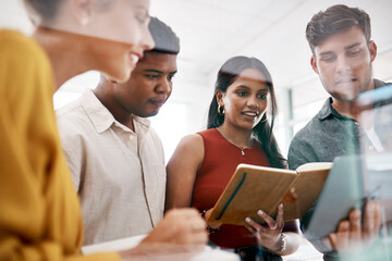 Obraz premium People, diversity and tablet in brainstorming or workshop in boardroom, office or business as startup. Teamwork, technology and meeting in company with notebook, discussion and planning as colleagues