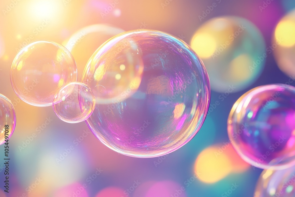 Poster colorful soap bubbles of various sizes against a blurred background capturing a playful dreamy atmos