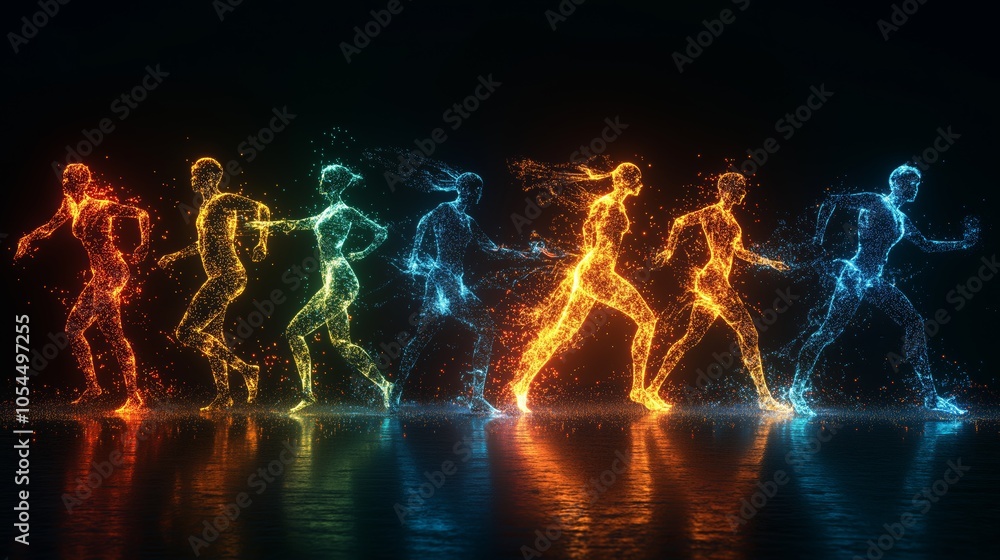 Poster dynamic neon silhouettes of running figures in vibrant colors representing energy, unity, and abstra