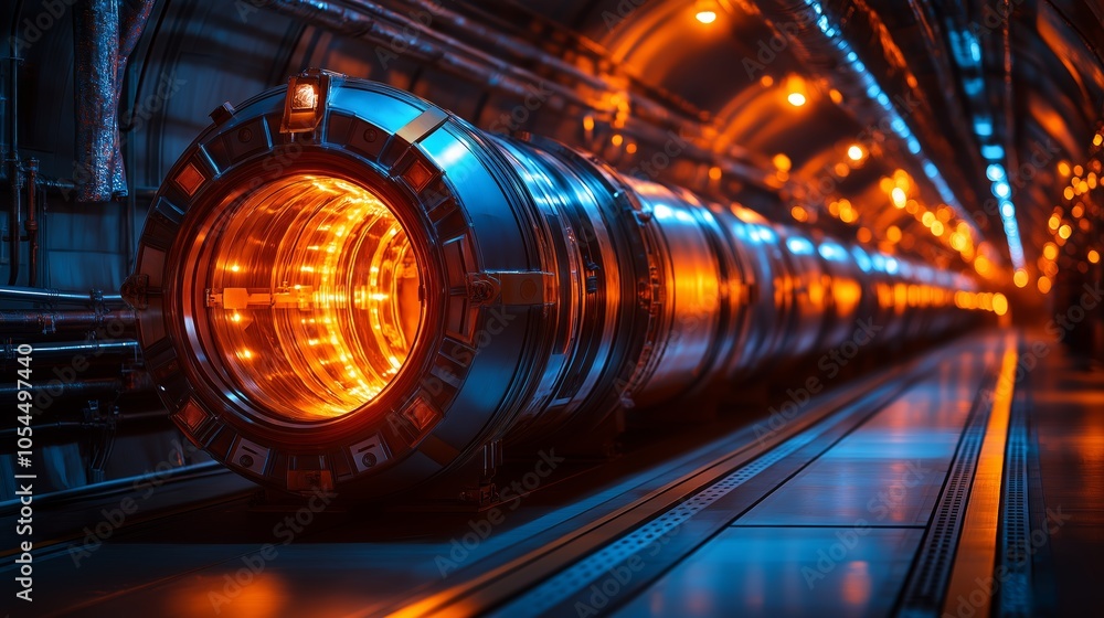 Poster futuristic industrial machine with glowing orange rings representing advanced technology and high-te