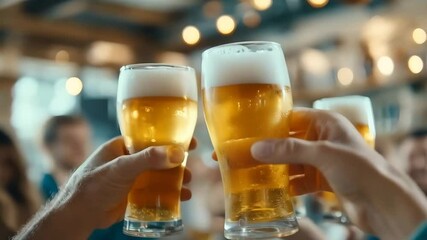 Friends toasting glasses of beer in pub. Bokeh bar interior background. Oktoberfest festival, St Patrick's Day celebration. Craft brewery concept