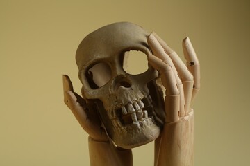 Wooden mannequin hands holding human skull on beige background