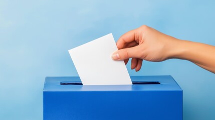Close-up of Hand Dropping Ballot into Voting Box Representing Democratic Choice and Civic Participation, Generative AI