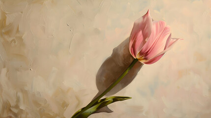 A delicate pink tulip stands alone in the middle of a smooth cream canvas, with negative space and subtle shadowing, creating a calm and elegant floral backdrop