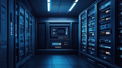 A sleek, modern data center with server racks and advanced technology, illuminated in blue light.