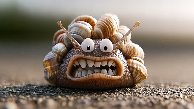 A close-up of a snail with a surprised expression, its shell piled high on its head. It's as if the snail is startled, almost comical in its surprise.