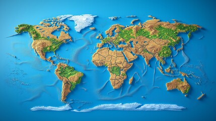 3D World Map with Topographic Relief Showing Continents and Geographic Features for Global Education and Learning, Generative AI