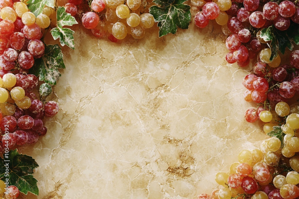 Aufkleber grapes and leaves artfully arranged around a blank stone slab offering a space for text in a rustic 