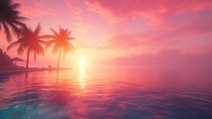 A vibrant sunset over the ocean with two palm trees in silhouette.