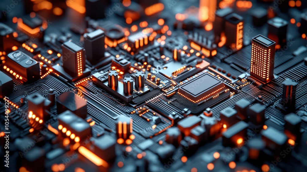 Poster abstract close-up of a circuit board with glowing components and intricate designs.
