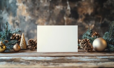 Obraz premium Christmas mockup of a blank holiday card on a rustic wooden table, surrounded by pinecones, ornaments, and a warm, festive atmosphere
