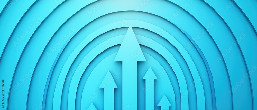 Poster Abstract upward arrows in blue tones with layered circular waves, creating a dynamic visual effect.
