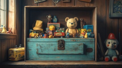 A vintage wooden toy chest filled with a collection of well-loved toys.